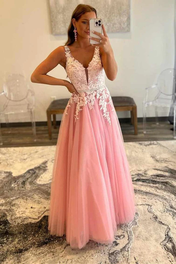 Lumidress Blush Pink Lace Appliqué Backless A-Line Prom Dress with Embroidery
