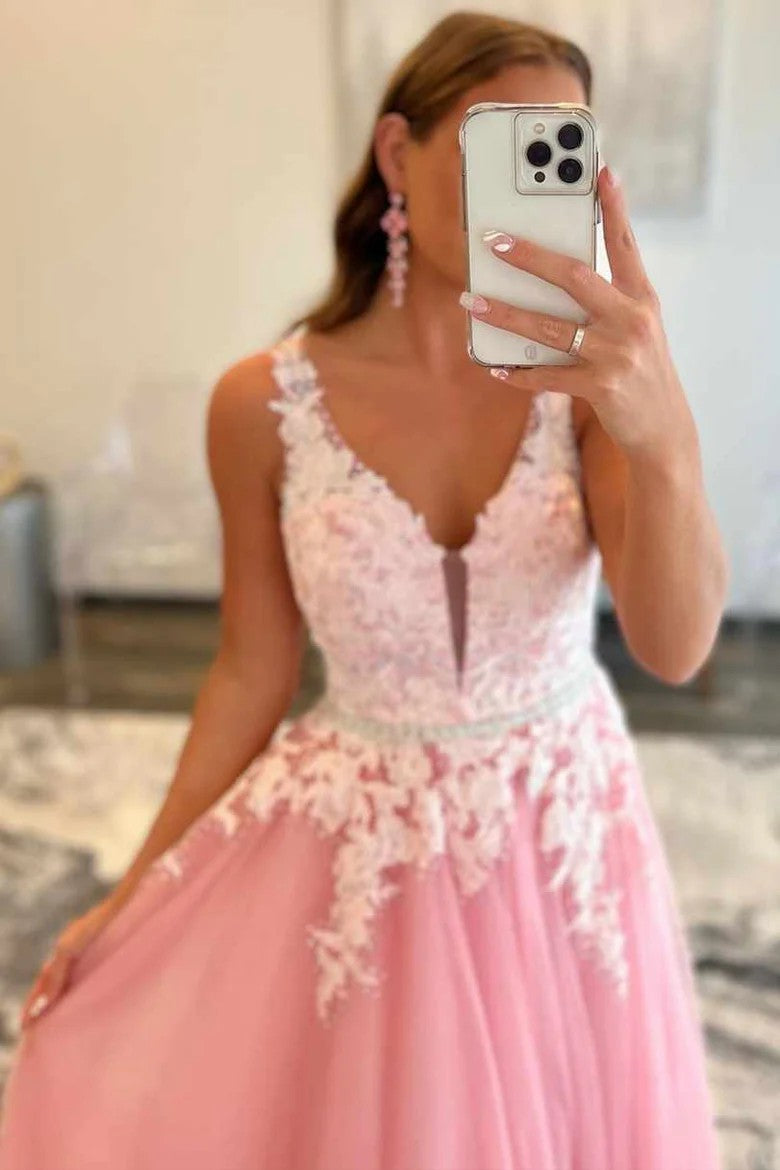 Lumidress Blush Pink Lace Appliqué Backless A-Line Prom Dress with Embroidery