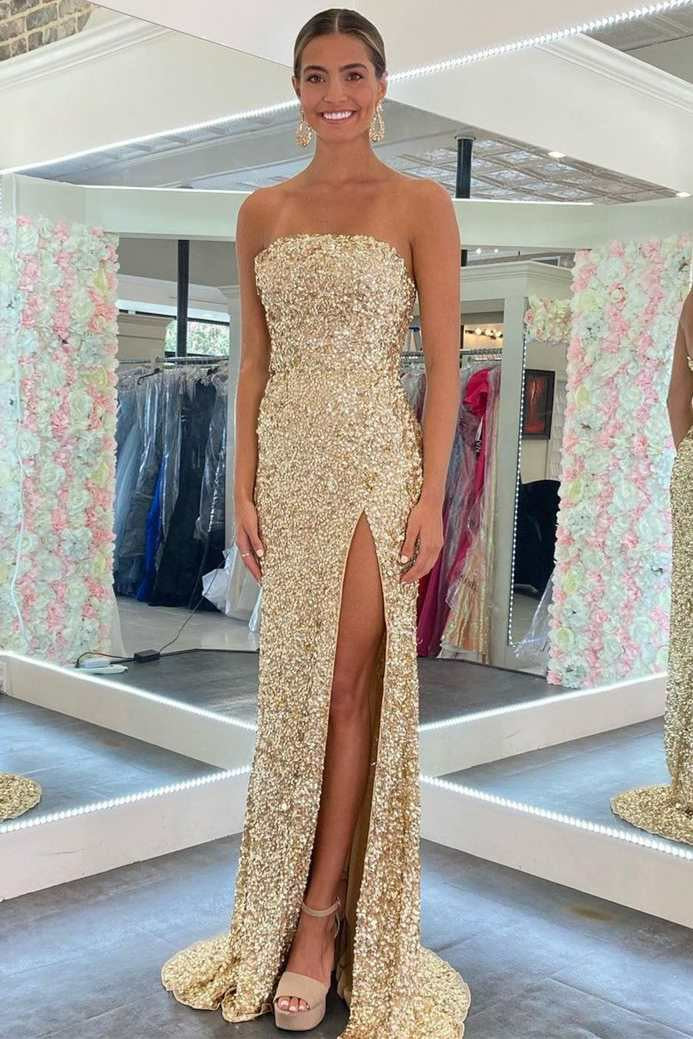 Lumidress Dazzling Gold Sequin Strapless Prom Dress with Side Slit