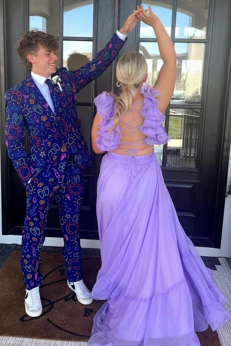 Lumidress V-Neck Ruffled Long Prom&Evening Dress with 3D Floral Shoulders