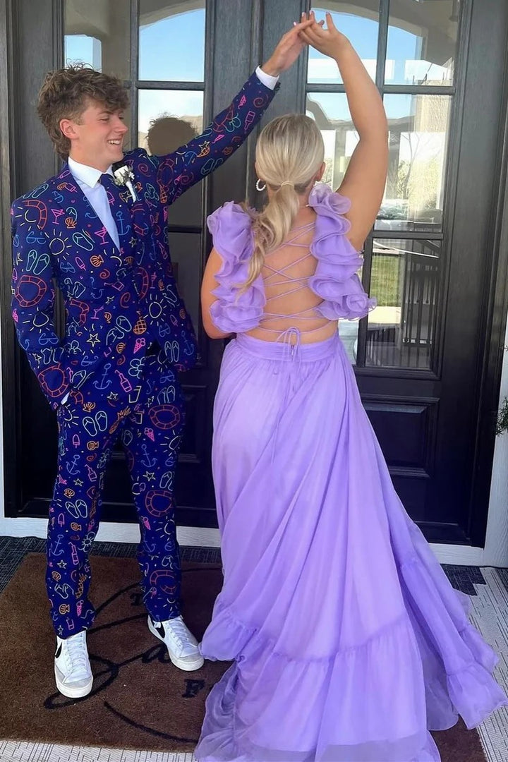 Lumidress V-Neck Ruffled Long Prom&Evening Dress with 3D Floral Shoulders