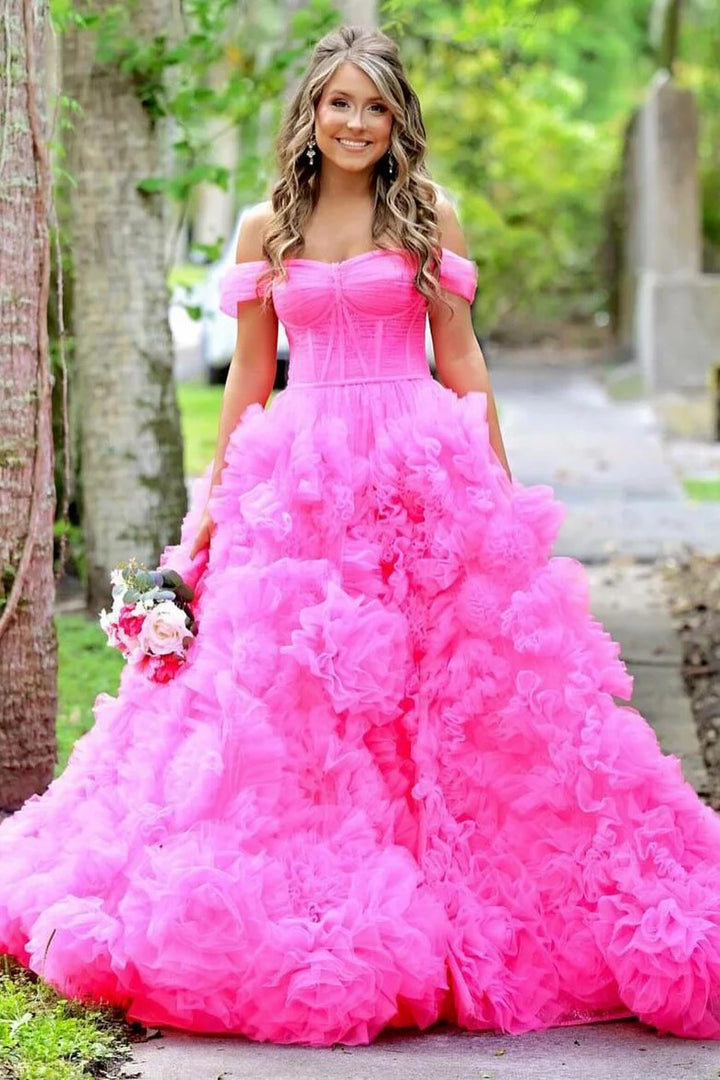Lumidress Lavender Off-Shoulder Corset Bodice Tulle Ball Gown with Ruffled Skirt