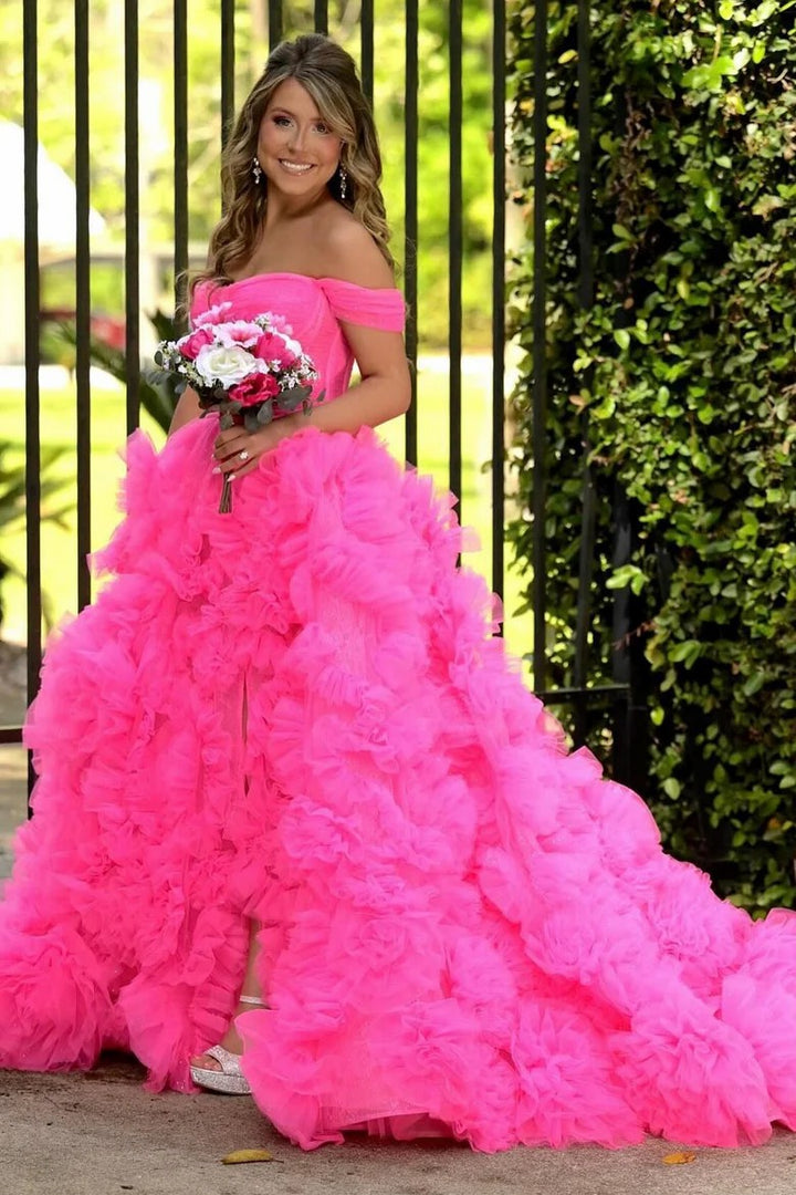 Lumidress Lavender Off-Shoulder Corset Bodice Tulle Ball Gown with Ruffled Skirt