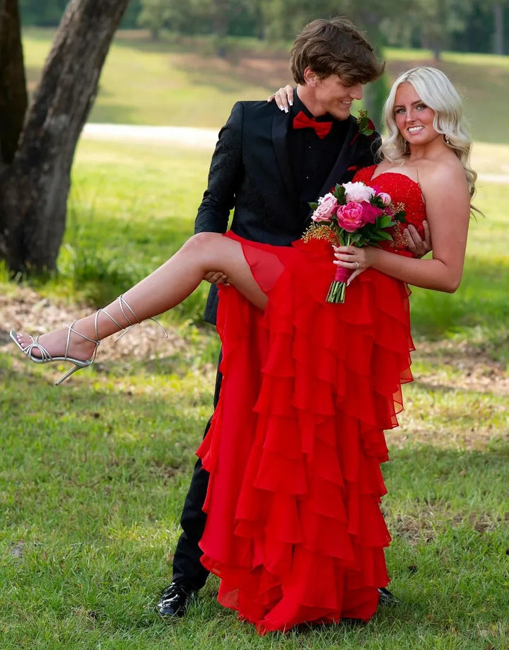 Lumidress Off-Shoulder Sweetheart Appliques Long Tiered Chiffon Slit Prom Dress