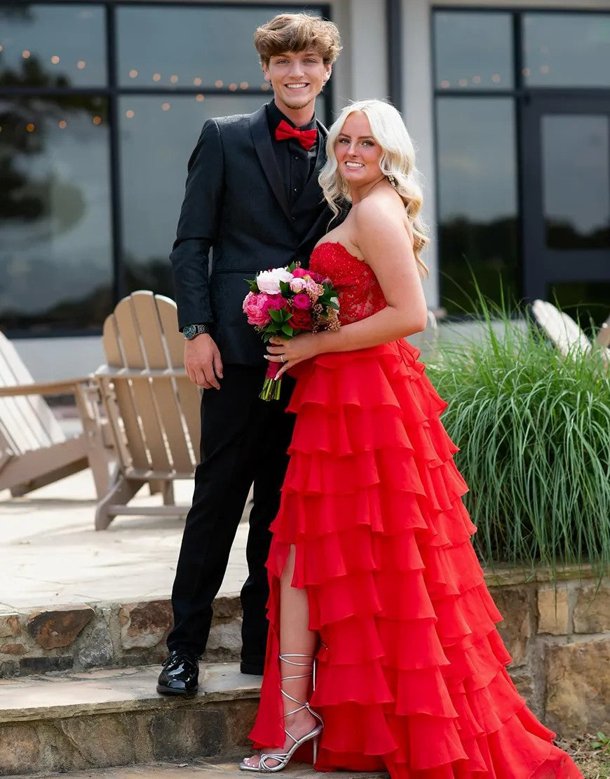 Lumidress Off-Shoulder Sweetheart Appliques Long Tiered Chiffon Slit Prom Dress