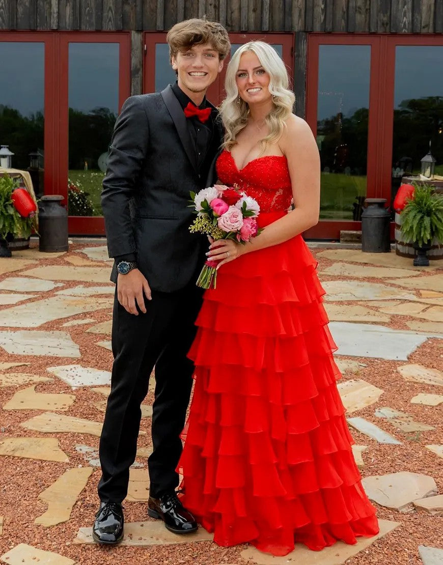 Lumidress Off-Shoulder Sweetheart Appliques Long Tiered Chiffon Slit Prom Dress