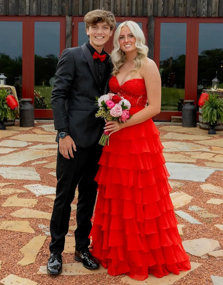 Lumidress Off-Shoulder Sweetheart Appliques Long Tiered Chiffon Slit Prom Dress