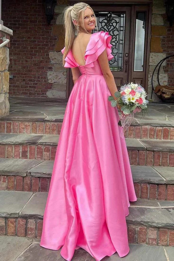 Lumidress Romantic Pink Ruffled V-Neck A-Line Satin Prom Dress with Side Slit