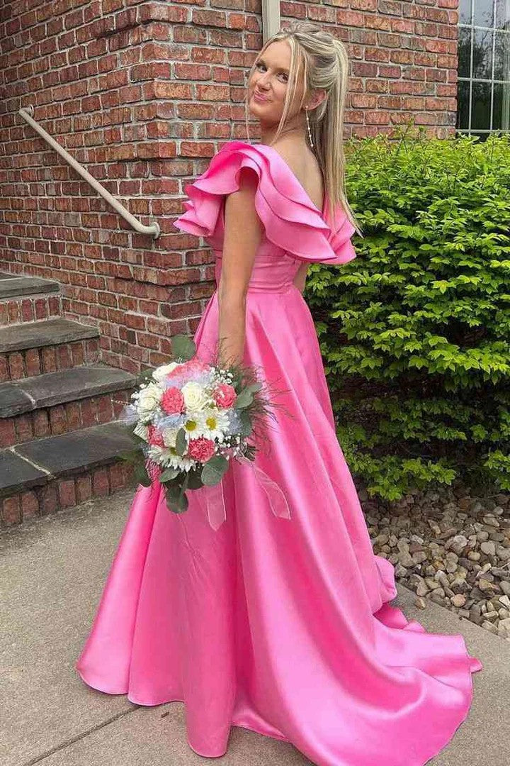 Lumidress Romantic Pink Ruffled V-Neck A-Line Satin Prom Dress with Side Slit