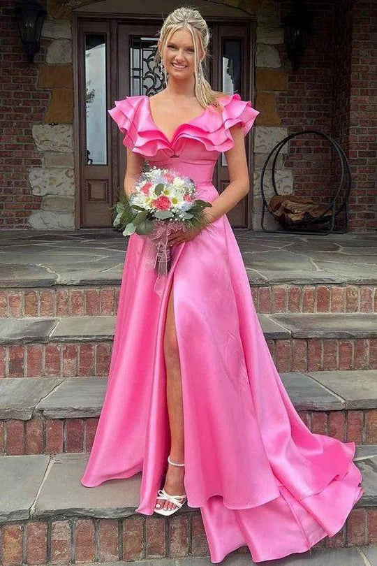 Lumidress Romantic Pink Ruffled V-Neck A-Line Satin Prom Dress with Side Slit