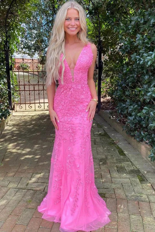 Lumidress Pink Deep V-Neck Mermaid Prom Gown with Lace Appliqués
