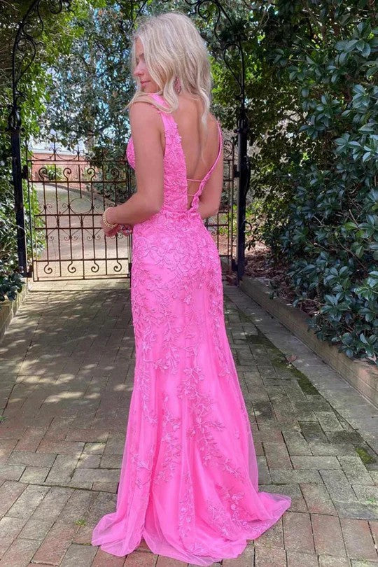 Lumidress Pink Deep V-Neck Mermaid Prom Gown with Lace Appliqués