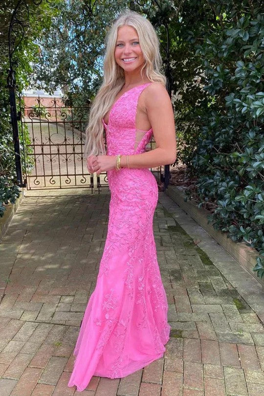 Lumidress Pink Deep V-Neck Mermaid Prom Gown with Lace Appliqués