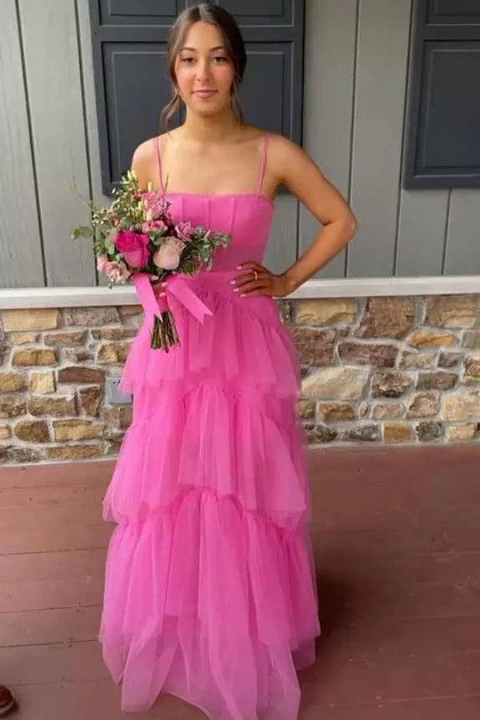 Lumidress Elegant Spaghetti Strap Tiered A-Line Long Prom Dress