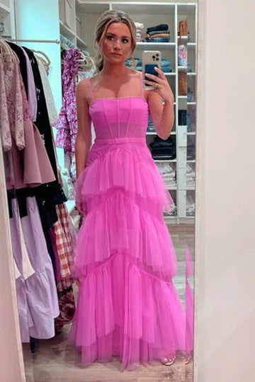 Lumidress Elegant Spaghetti Strap Tiered A-Line Long Prom Dress