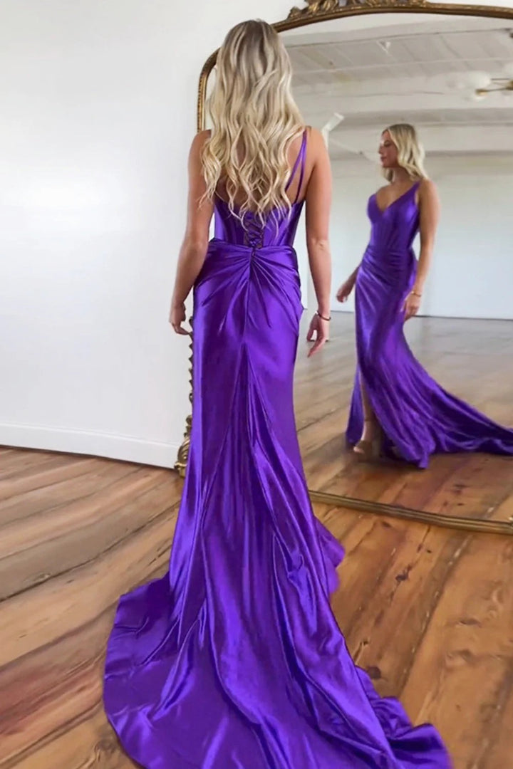 Lumidress Luxury Purple V-Neck Satin Mermaid Side Slit Prom Gown