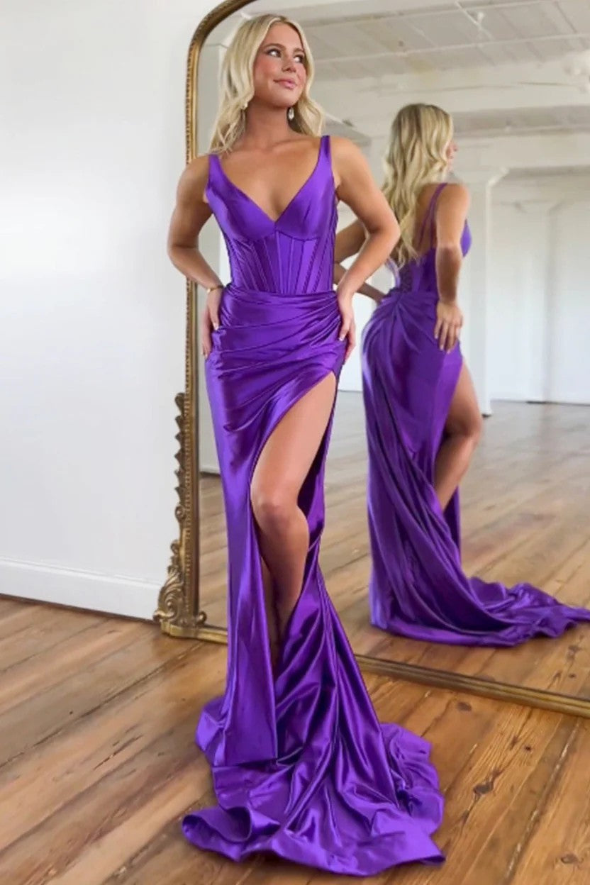 Lumidress Luxury Purple V-Neck Satin Mermaid Side Slit Prom Gown
