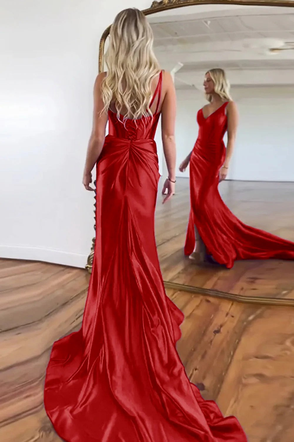 Lumidress Luxury Purple V-Neck Satin Mermaid Side Slit Prom Gown