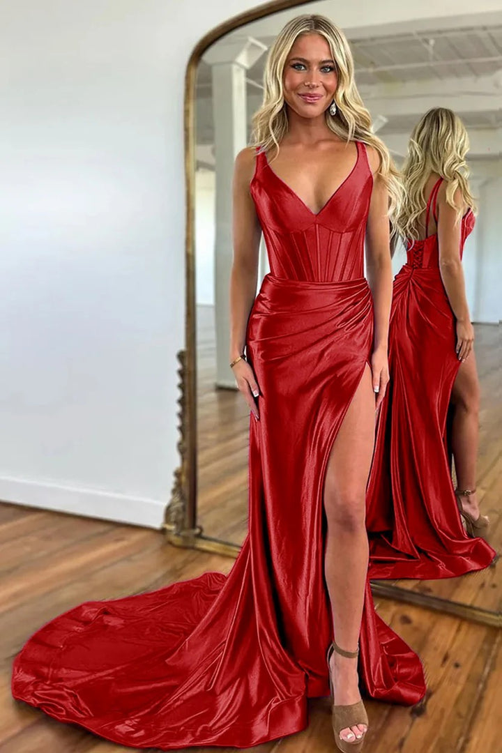 Lumidress Luxury Purple V-Neck Satin Mermaid Side Slit Prom Gown