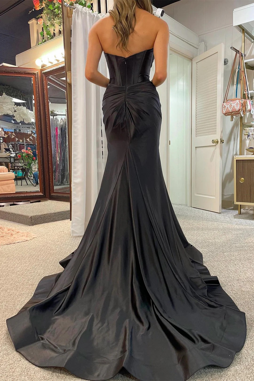 Lumidress Elegant Satin Strapless Mermaid Evening Dress with Side Slit