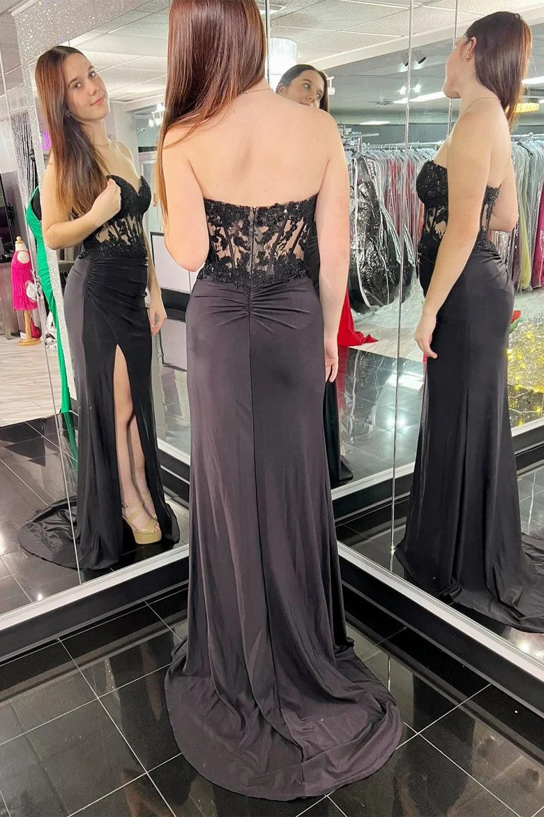Lumidress Hot Pink Lace Applique Strapless Sheath Prom Dress with Slit