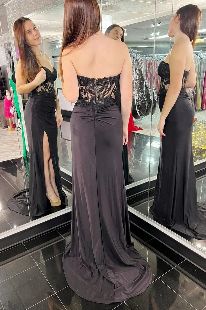 Lumidress Hot Pink Lace Applique Strapless Sheath Prom Dress with Slit