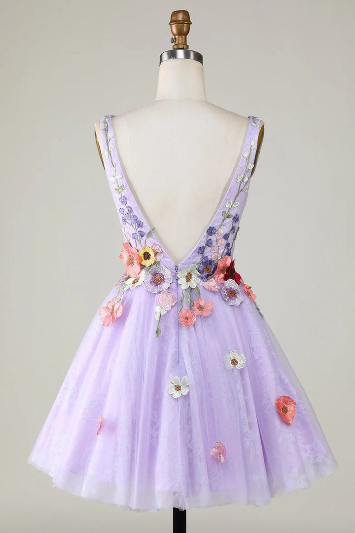 Lumidress Lavender V-Neck Homecoming Dress with 3D Floral Appliques