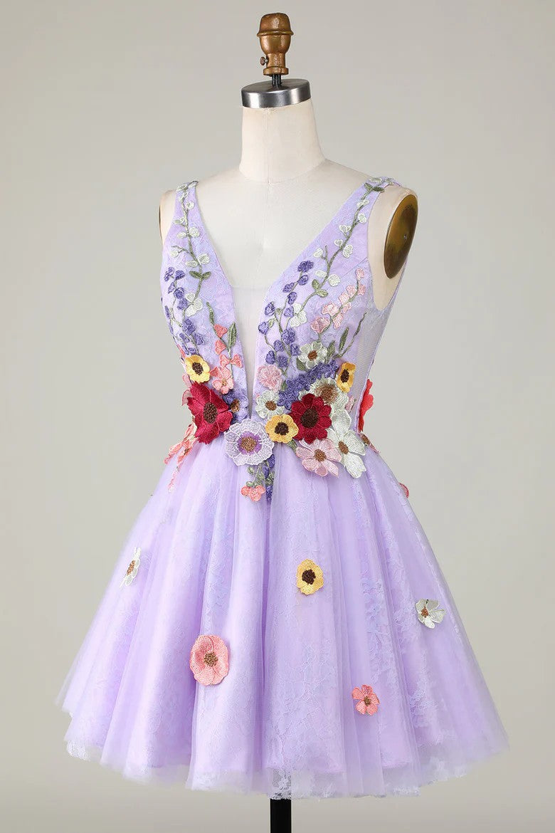 Lumidress Lavender V-Neck Homecoming Dress with 3D Floral Appliques