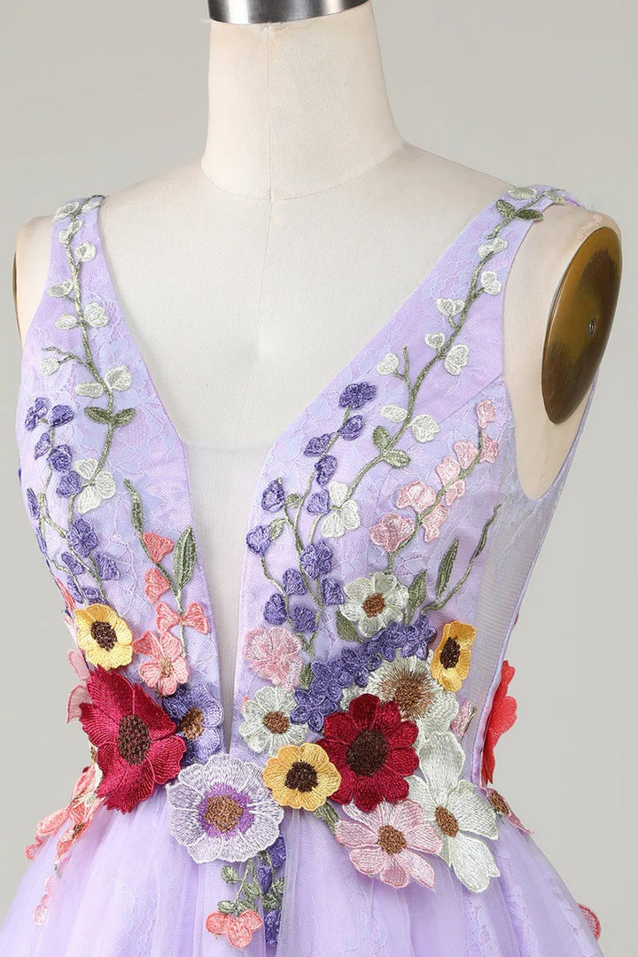 Lumidress Lavender V-Neck Homecoming Dress with 3D Floral Appliques