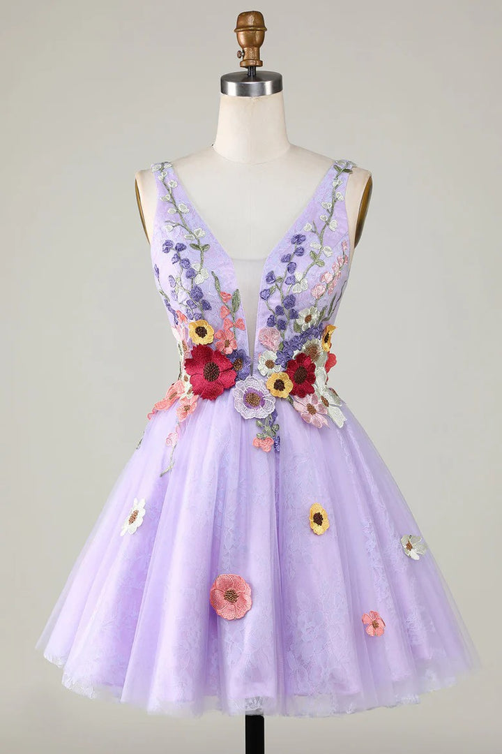 Lumidress Lavender V-Neck Homecoming Dress with 3D Floral Appliques