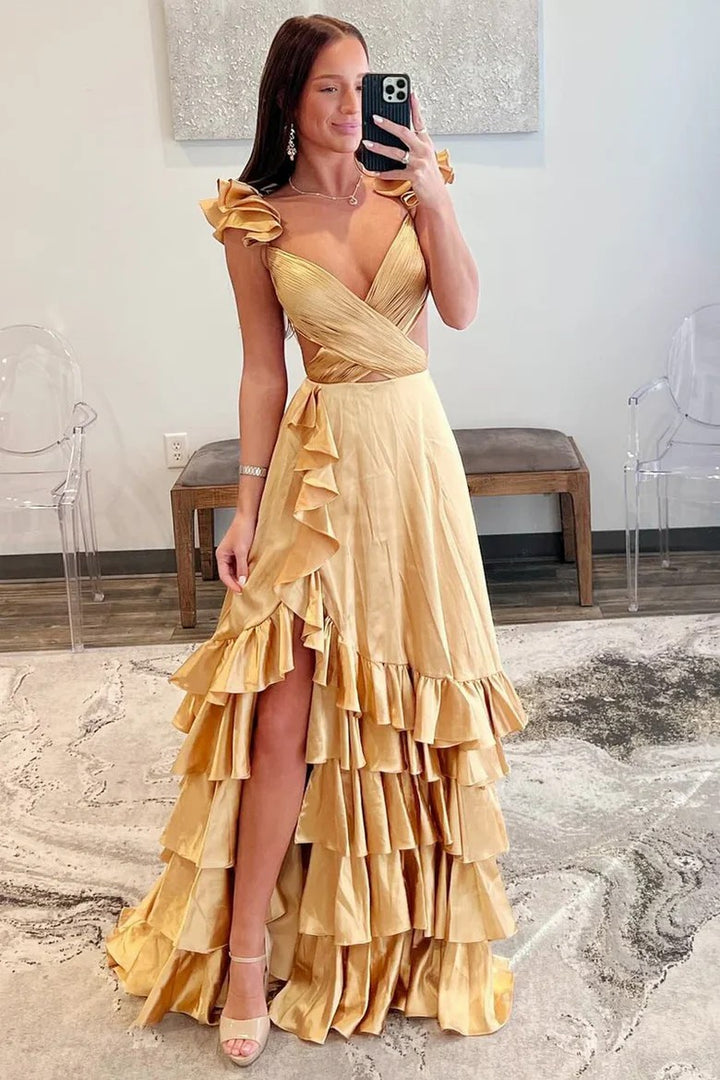Lumidress V-Neck Tiered Satin Prom Dress with Ruffle Sleeves and High Slit