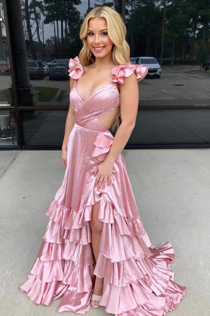 Lumidress V-Neck Tiered Satin Prom Dress with Ruffle Sleeves and High Slit