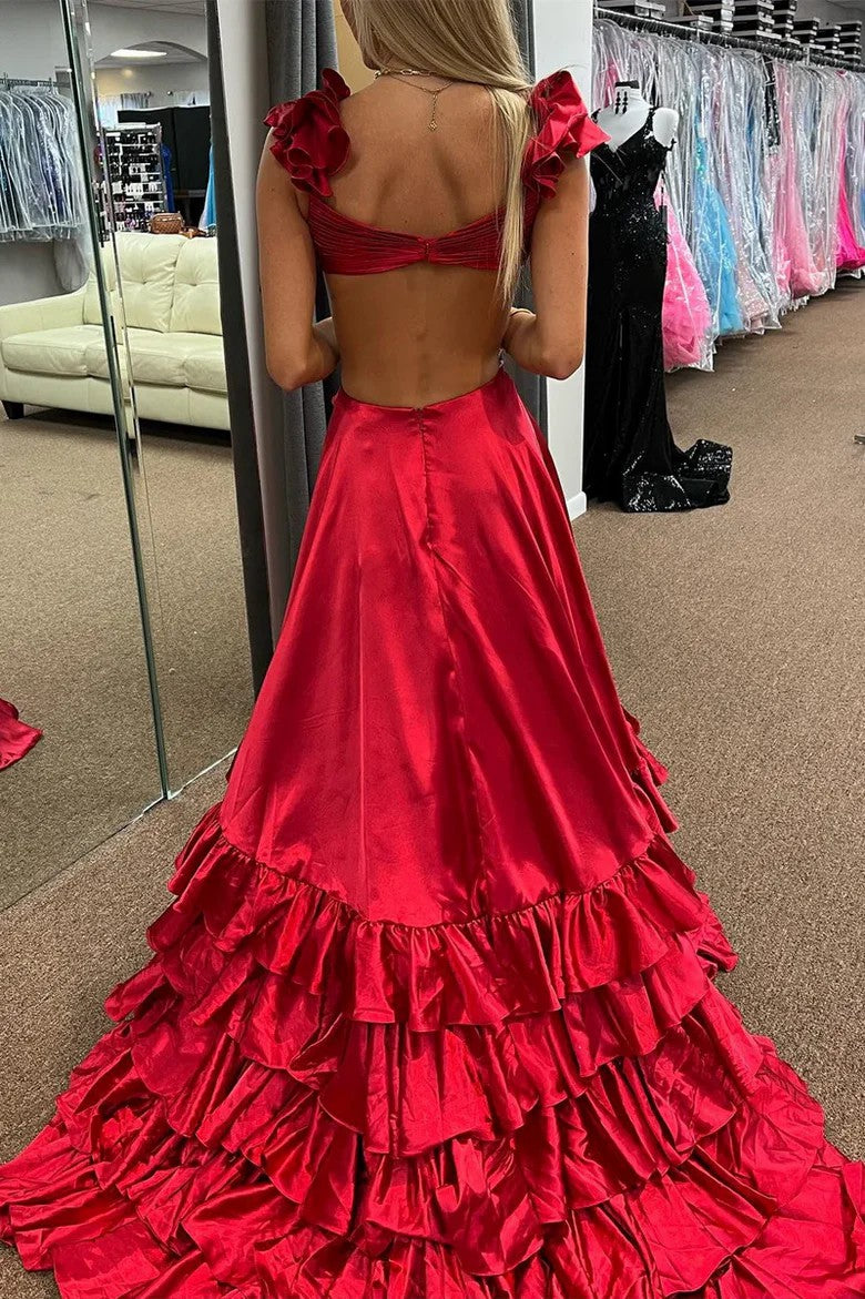 Lumidress V-Neck Tiered Satin Prom Dress with Ruffle Sleeves and High Slit