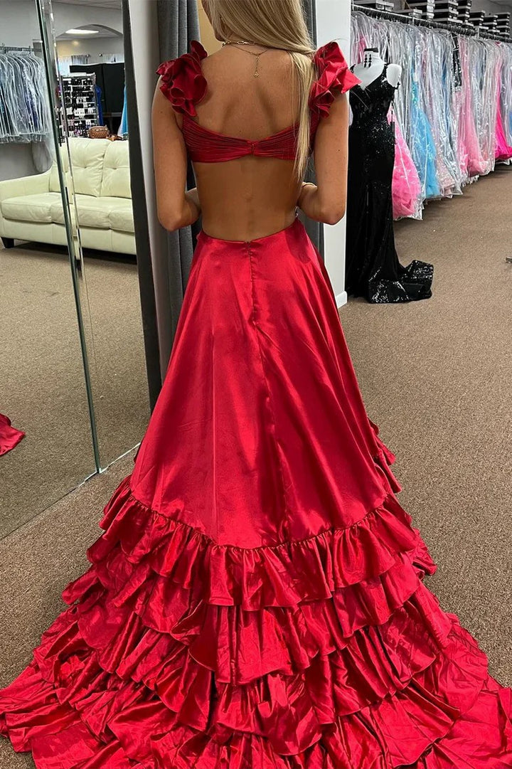 Lumidress V-Neck Tiered Satin Prom Dress with Ruffle Sleeves and High Slit