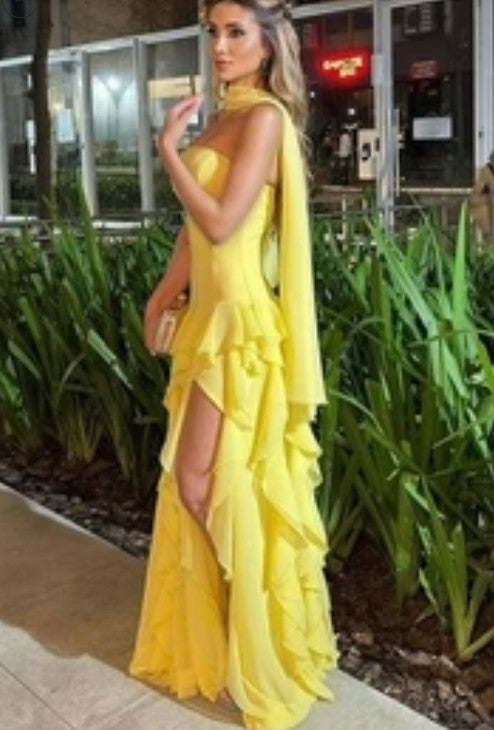 Lumidress Elegant Yellow Strapless Tiered Ruffle Chiffon Evening Gown