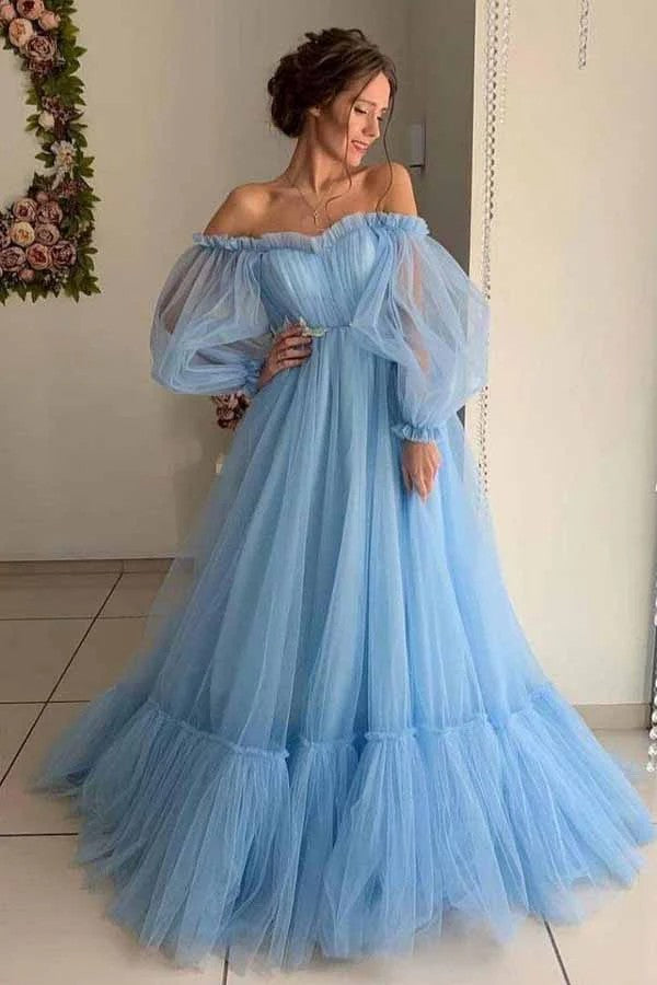 Lumidress Ethereal Sky Blue Off-the-Shoulder Tulle A-Line Evening Gown with Voluminous Sleeves