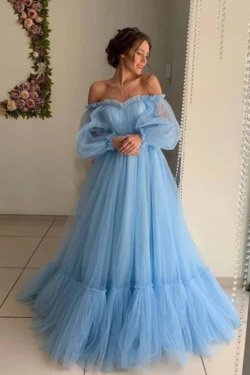 Lumidress Ethereal Sky Blue Off-the-Shoulder Tulle A-Line Evening Gown with Voluminous Sleeves