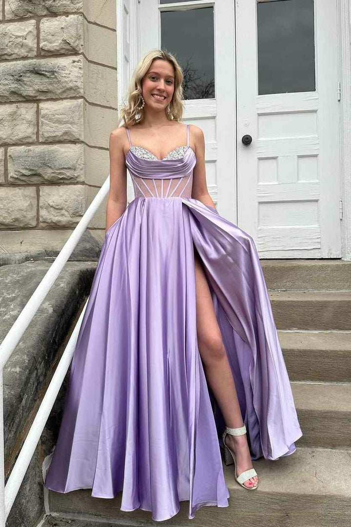 Lumidress Beaded Spaghetti Strap A-Line Formal Dress with High Slit and Pockets