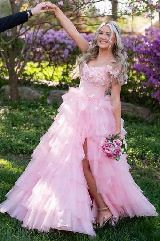Lumidress Romantic Light Pink Off-Shoulder Tiered Tulle Ball Gown with Floral Appliqués
