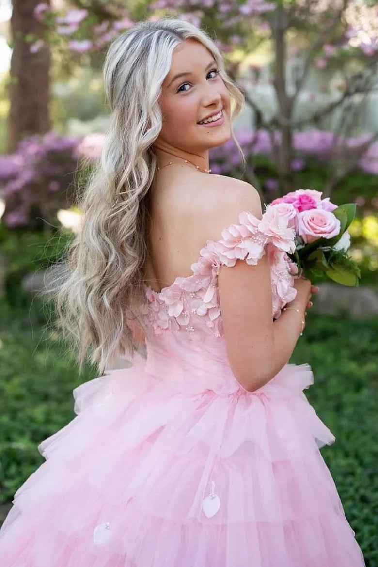 Lumidress Romantic Light Pink Off-Shoulder Tiered Tulle Ball Gown with Floral Appliqués