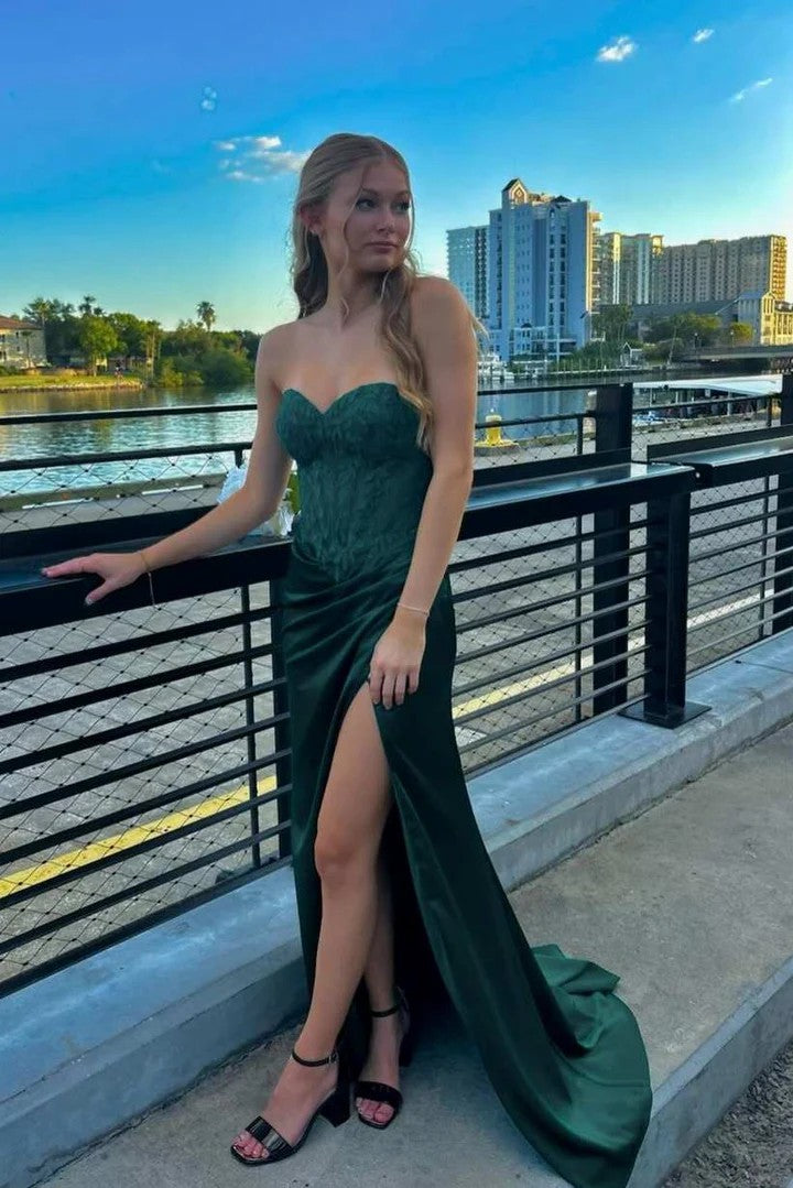 Lumidress Chic Strapless Sweetheart Long Prom Dress with Pleating &amp; High Slit
