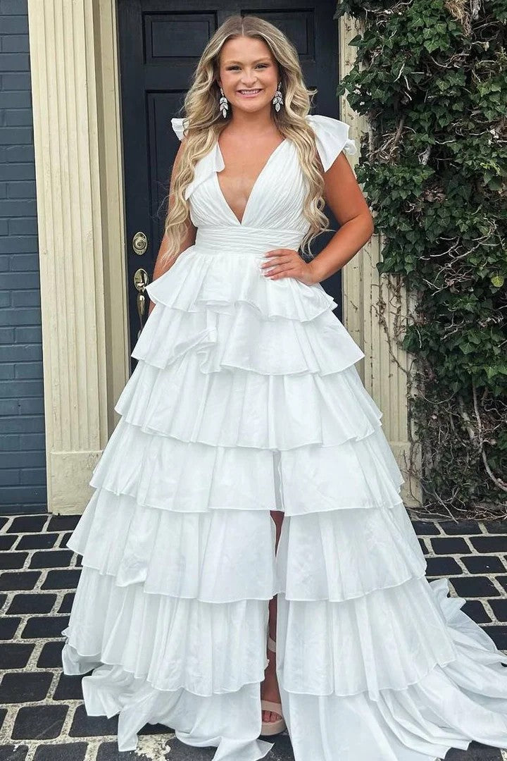 Lumidress Dramatic Red Tiered Ruffle V-Neck Evening Gown with Bow Straps