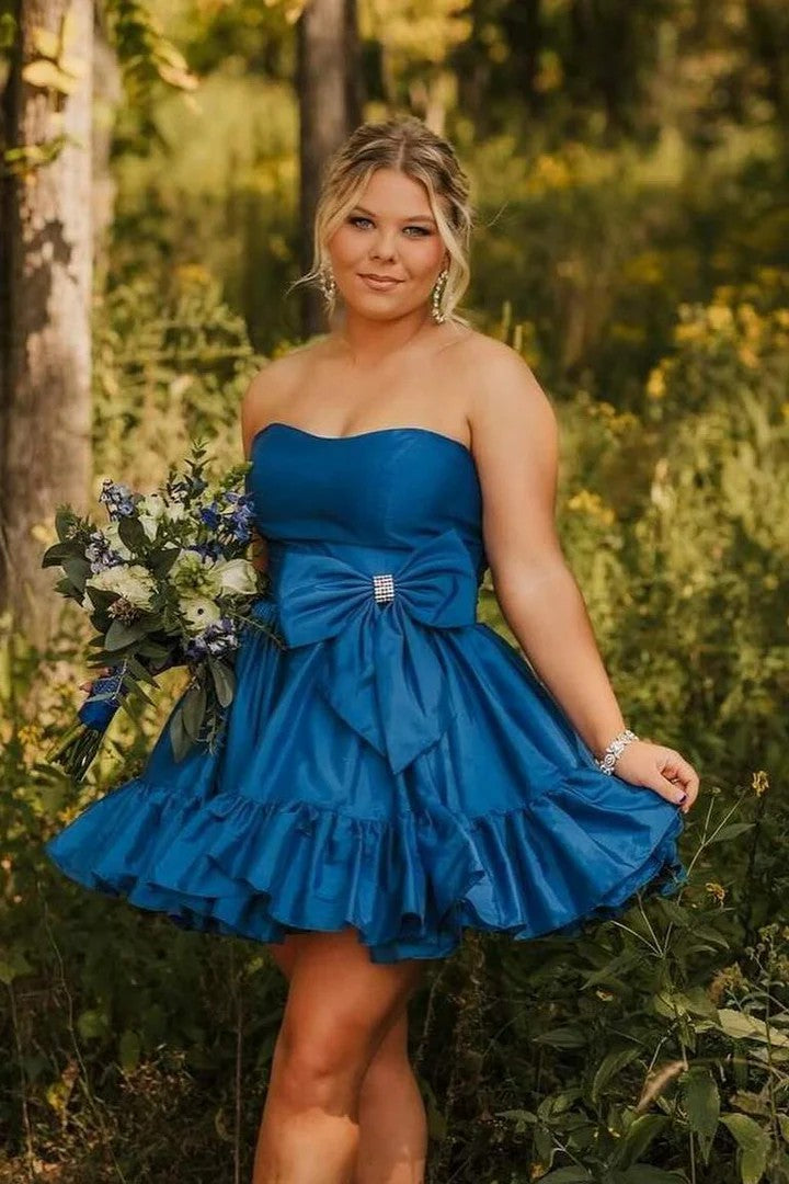 Lumidress Strapless Satin Short Homecoming Dress with Bow and Ruffles