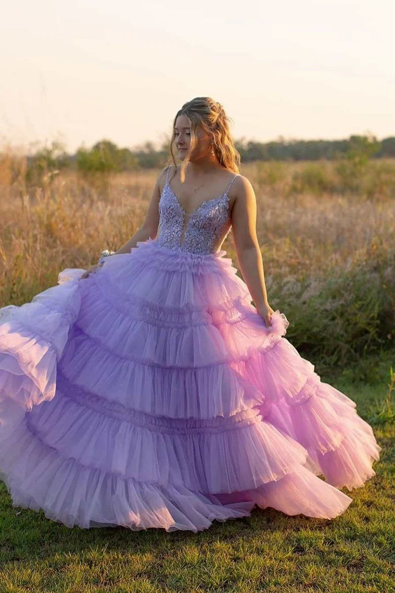 Lumidress Hot Pink Deep V-Neck Layered Tulle Ball Gown with Beaded Bodice