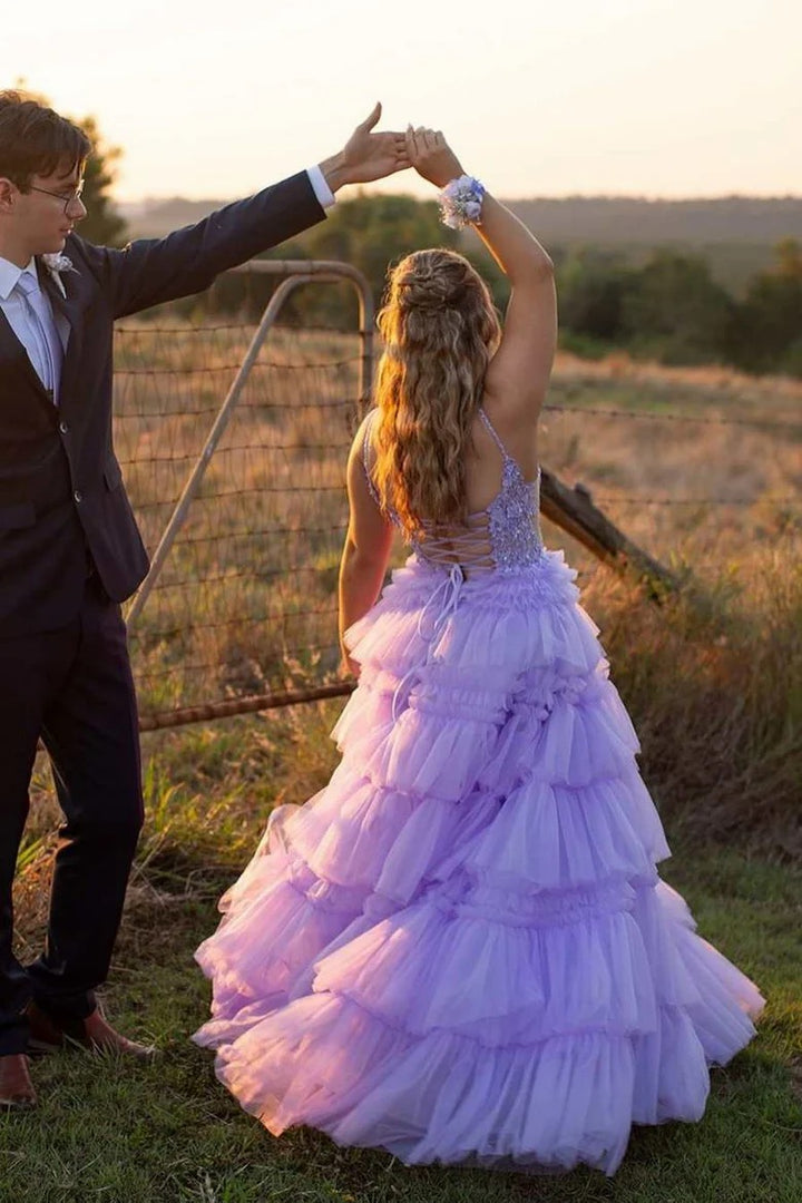 Lumidress Hot Pink Deep V-Neck Layered Tulle Ball Gown with Beaded Bodice