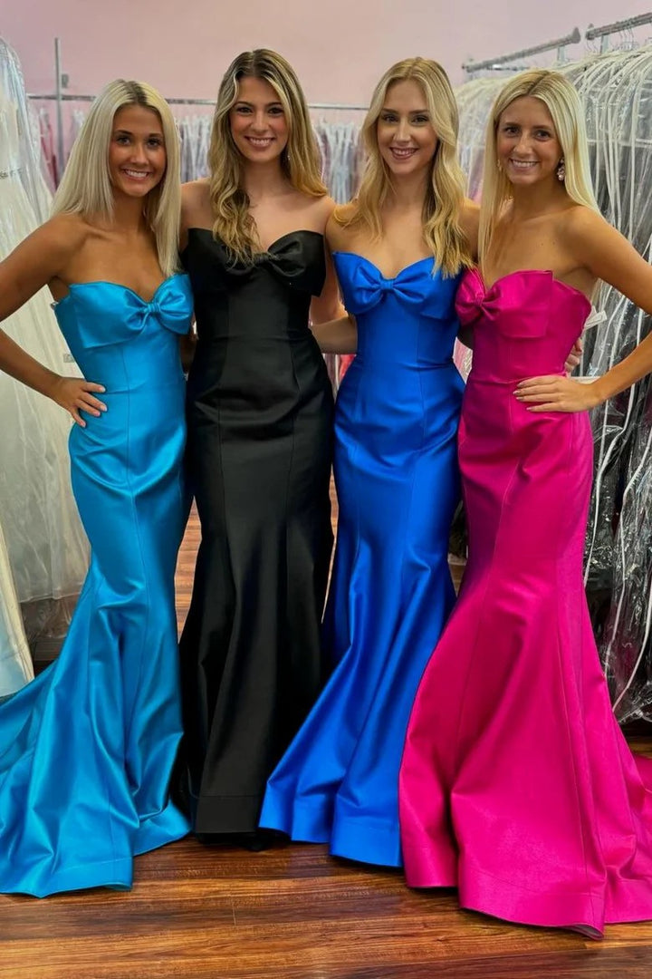 Lumidress Mermaid Strapless Bow Satin Ruched Sleeveless Prom Dress