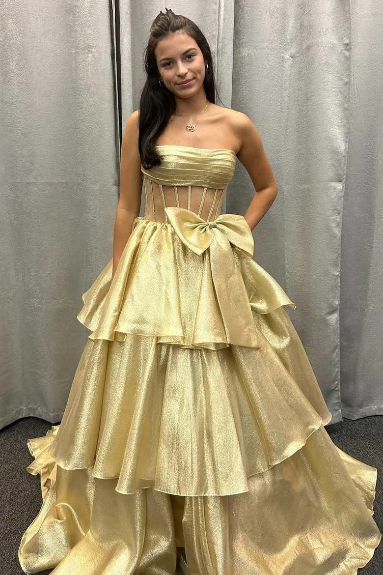 Lumidress Glamorous Strapless Tiered Ball Gown Pageant Dress with Bow