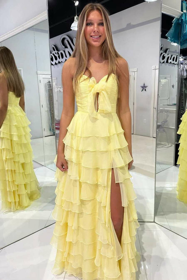 Lumidress Elegant Pink Strapless Layered Chiffon A-Line Prom Dress with Side Slit