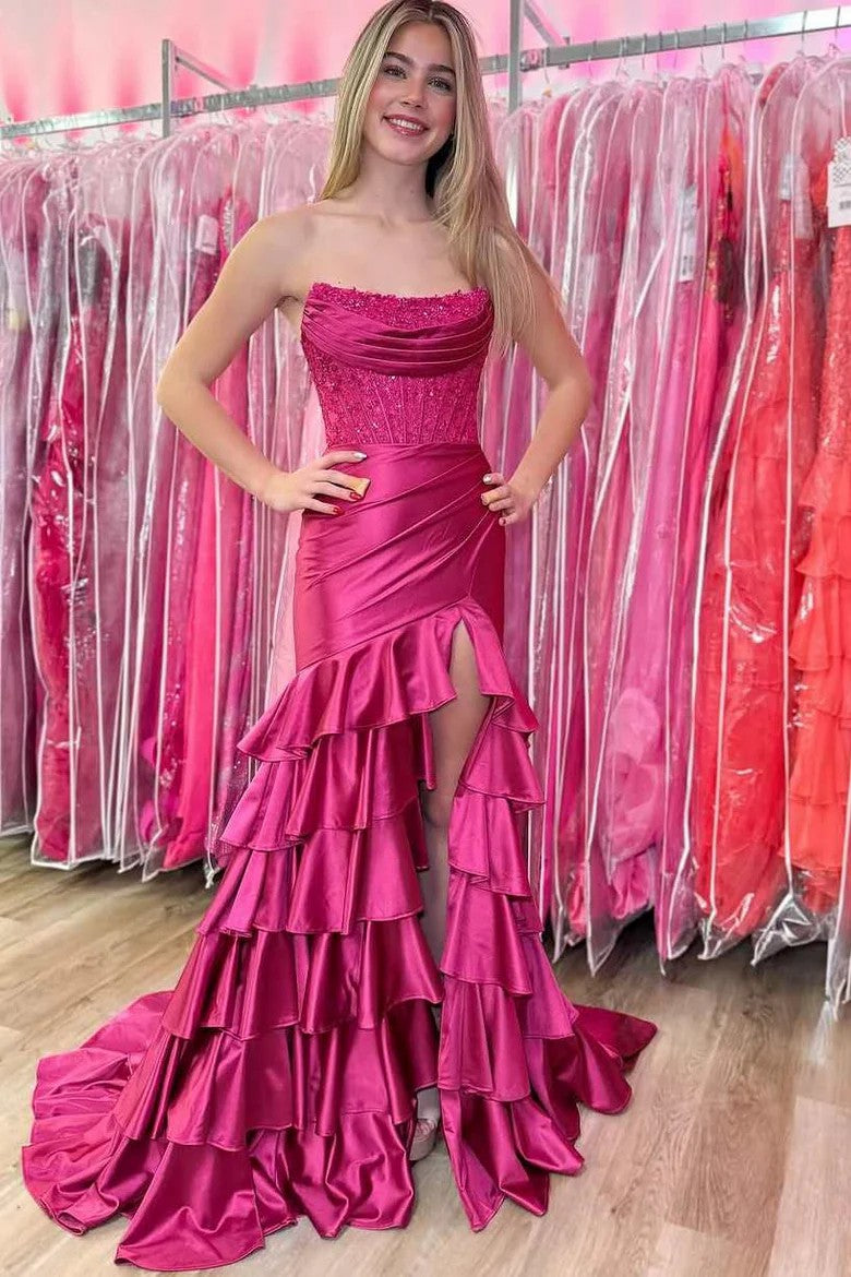 Lumidress Pink Strapless Ruffled Satin Evening Gown with Corset Bodice and Slit