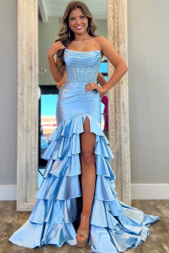 Lumidress Pink Strapless Ruffled Satin Evening Gown with Corset Bodice and Slit